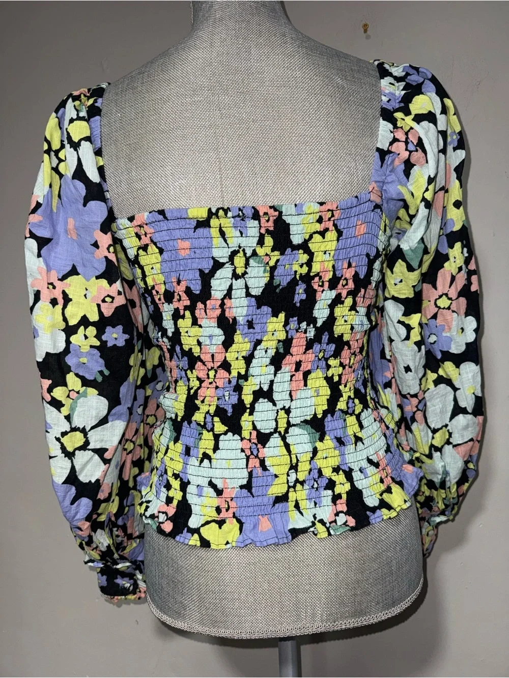 Free People Smocked Square-Neck Floral Blouse in Multicolor